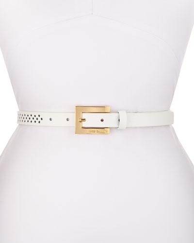Slim Diamond-perforated Leather 20mm Belt, White