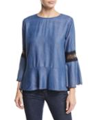 Aine Lace-trim Bell-sleeve Chambray Peplum Top