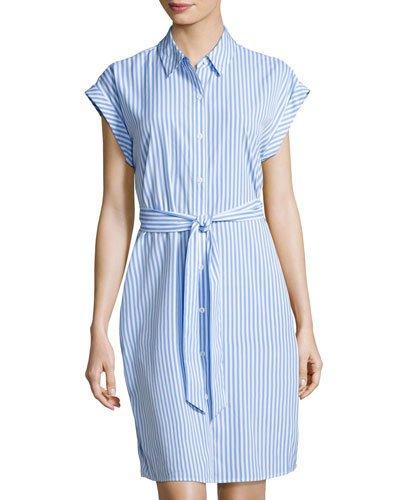 Striped Lace-inset Shirtdress, Blue/white