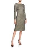 Bateau-neck Long-sleeve Golden Evening Shimmer Knit Dress