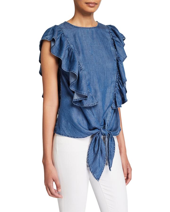 Chambray Knotted Flutter-sleeve Blouse