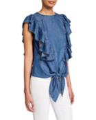 Chambray Knotted Flutter-sleeve Blouse