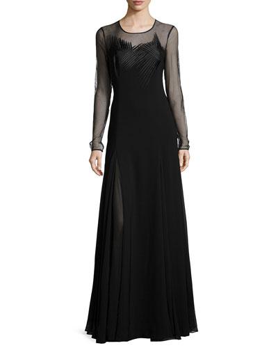 Sheer Long-sleeve Embroidered Evening Gown, Black