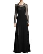Sheer Long-sleeve Embroidered Evening Gown, Black