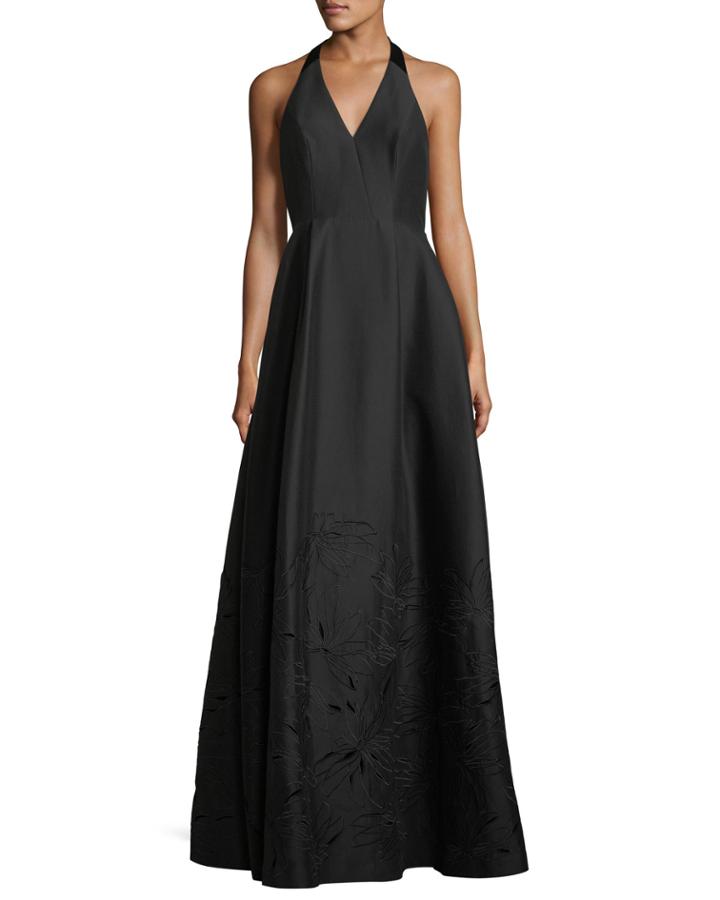 Embroidered V-neck Halter Gown