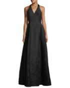 Embroidered V-neck Halter Gown