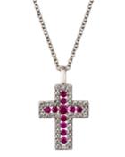 18k White Gold Diamond & Ruby Cross Necklace