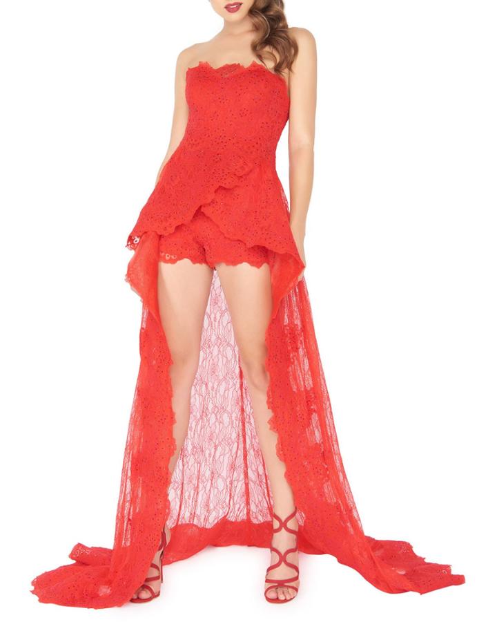 Lace Strapless Train-back Romper Gown