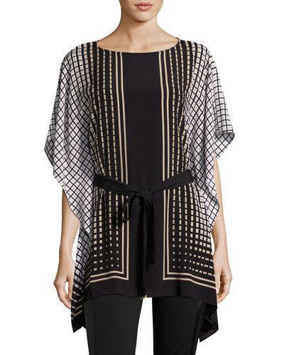 Flutter-sleeve Print Top, Neutral Pattern