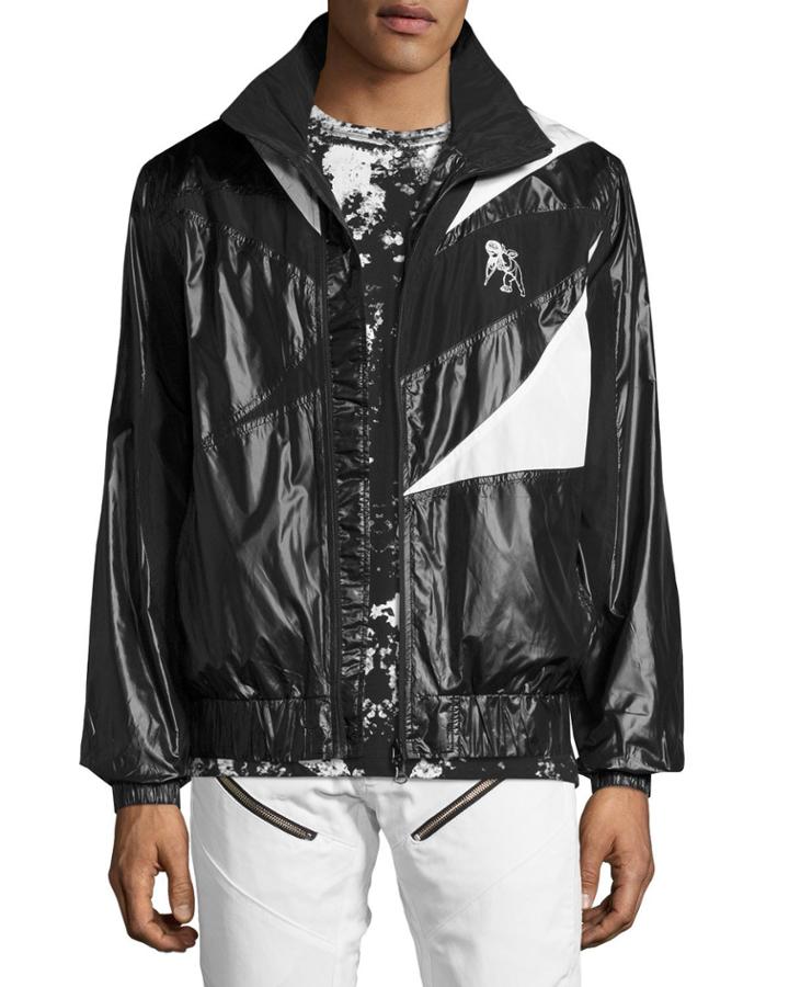 Patchwork Tech Wind-resistant Jacket With Drawcord Back, Black/white