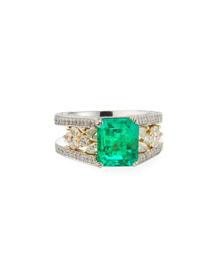 Estate 18k Yellow Gold And Platinum Emerald Ring With Diamonds,