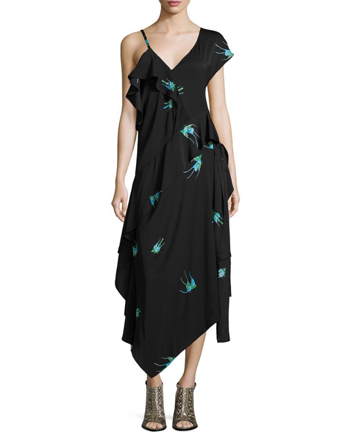 Bird-print Asymmetric Silk Jersey Ruffle Dress, Black