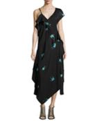 Bird-print Asymmetric Silk Jersey Ruffle Dress, Black