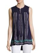 Embroidered Sleeveless Tank, Navy