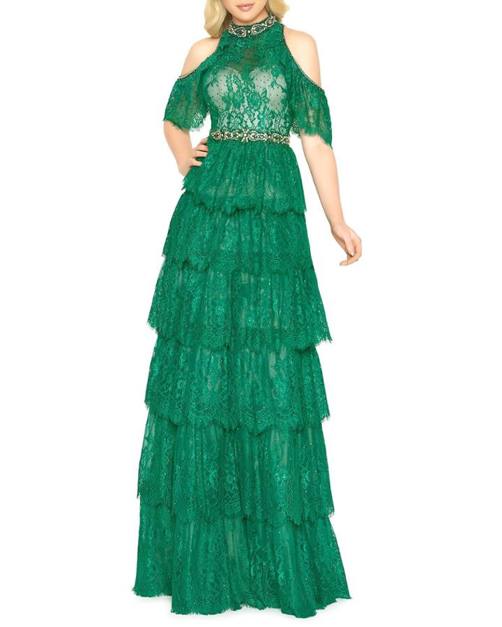 Cold-shoulder Lace-tiered Illusion Gown