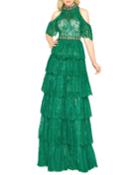 Cold-shoulder Lace-tiered Illusion Gown