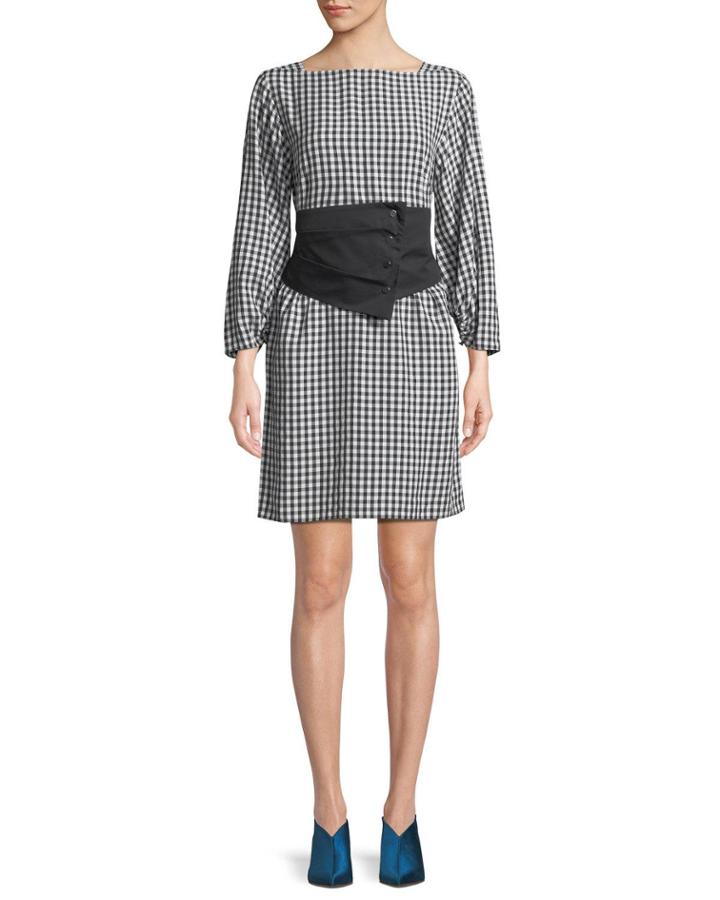 Gingham Long-sleeve Shift Dress With Removable Corset