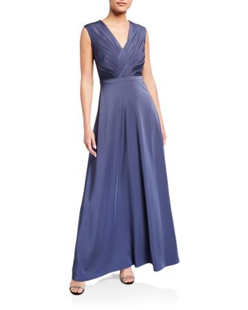 Stretch Faille V-neck Gown With Pleating & Pockets