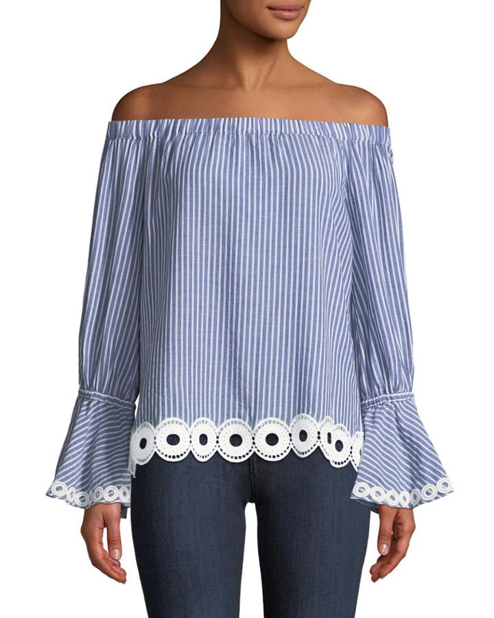 Striped Off-the-shoulder Blouse W/ Eyelet