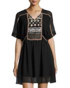Extended Shoulder Embroidered Dress, Black