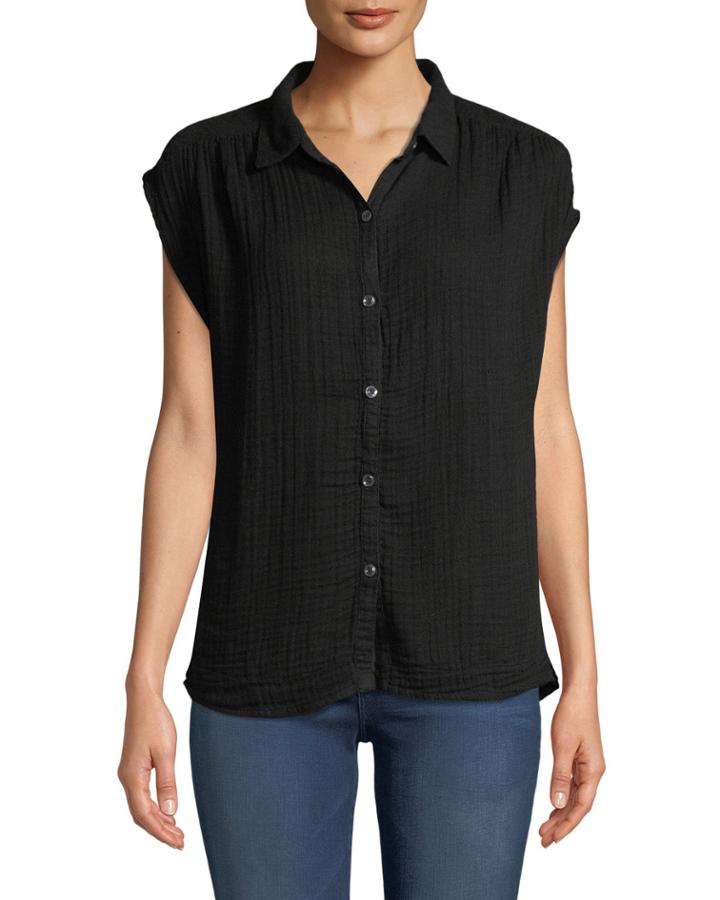 Short-sleeve Button-front Gauze Blouse