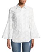 Floral-eyelet Bell-sleeve Button-front Blouse