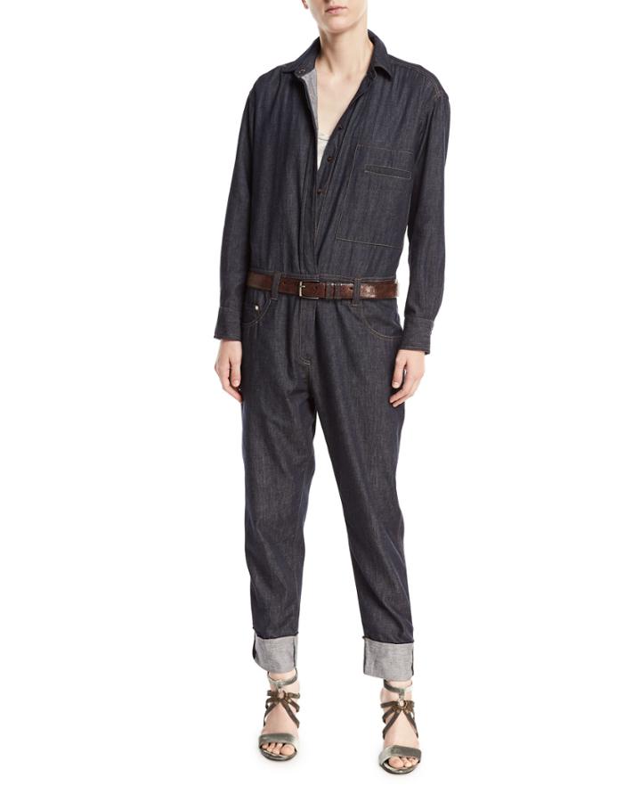 Button-front Long-sleeve Denim Jumpsuit