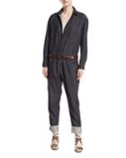 Button-front Long-sleeve Denim Jumpsuit