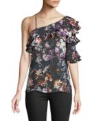 One-shoulder Floral Ruffle Blouse