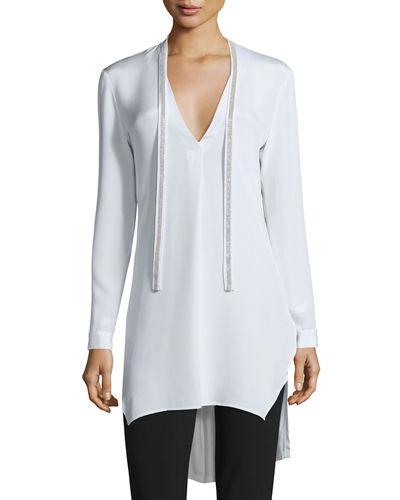 Long-sleeve Silk Tunic W/ Embellished Ties