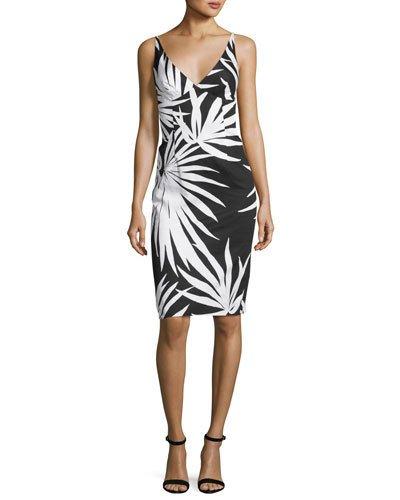 Liz Sleeveless Palm-print Sheath Dress, Black