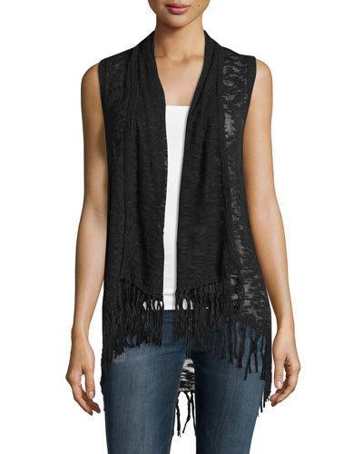 Burnout Knit Fringe Vest, Black