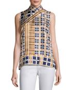 Fernanda Sleeveless Mock-neck Plaid Blouse,