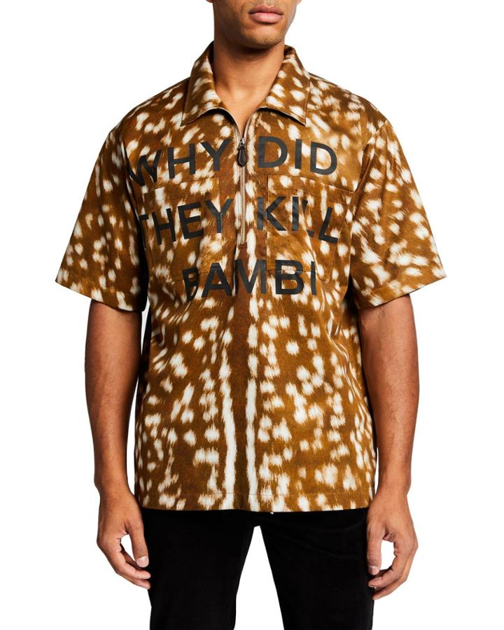 Men's Deer-pattern Typography Short-sleeve Zip-front