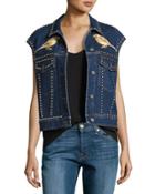Embroidered Bird & Floral Studded Denim Vest, Blue