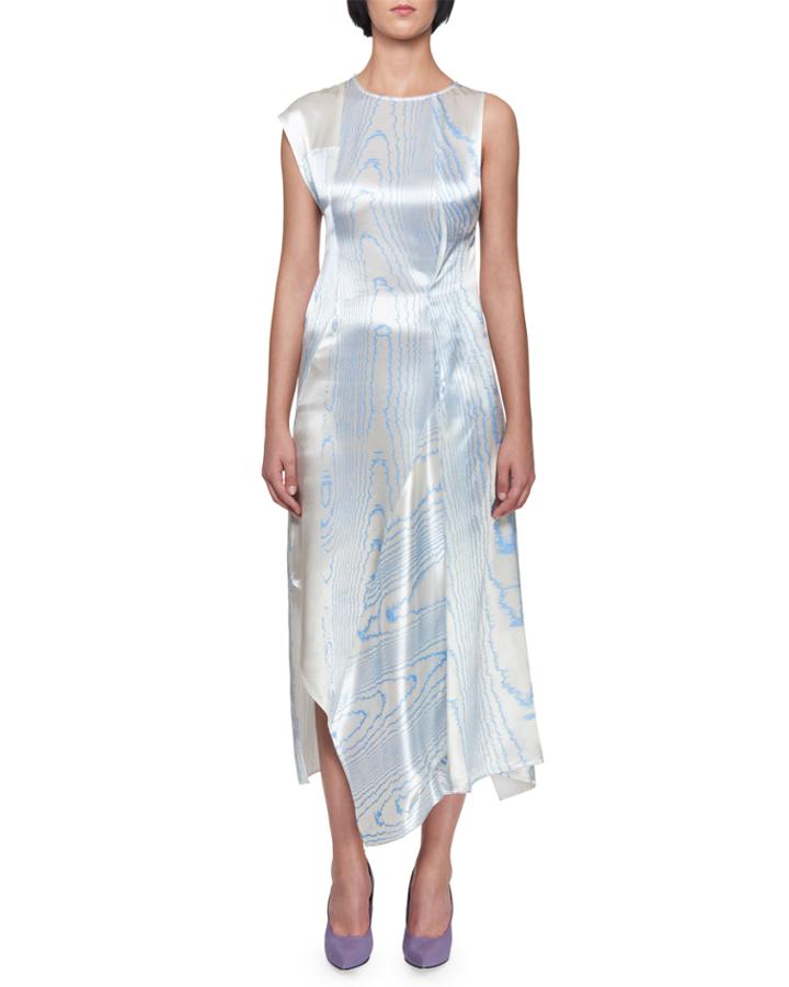 Sleeveless Satin Moire Print Asymmetric Drape
