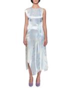 Sleeveless Satin Moire Print Asymmetric Drape