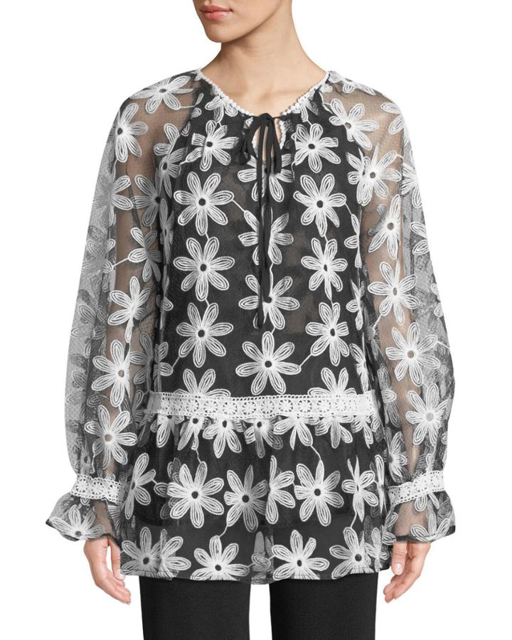 Lumie Floral-embroidered Mesh Peasant Blouse
