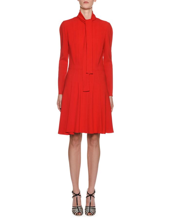 Tie-neck Long-sleeve Crepe Dress