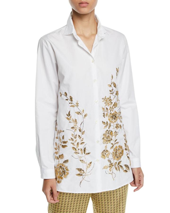 Metallic-embroidered Button-front Tunic