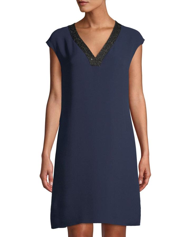 Jolet Cap-sleeve Sequin-trimmed Silk Dress, Blue