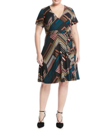 Short-sleeve Striped Belted Wrap Dress,