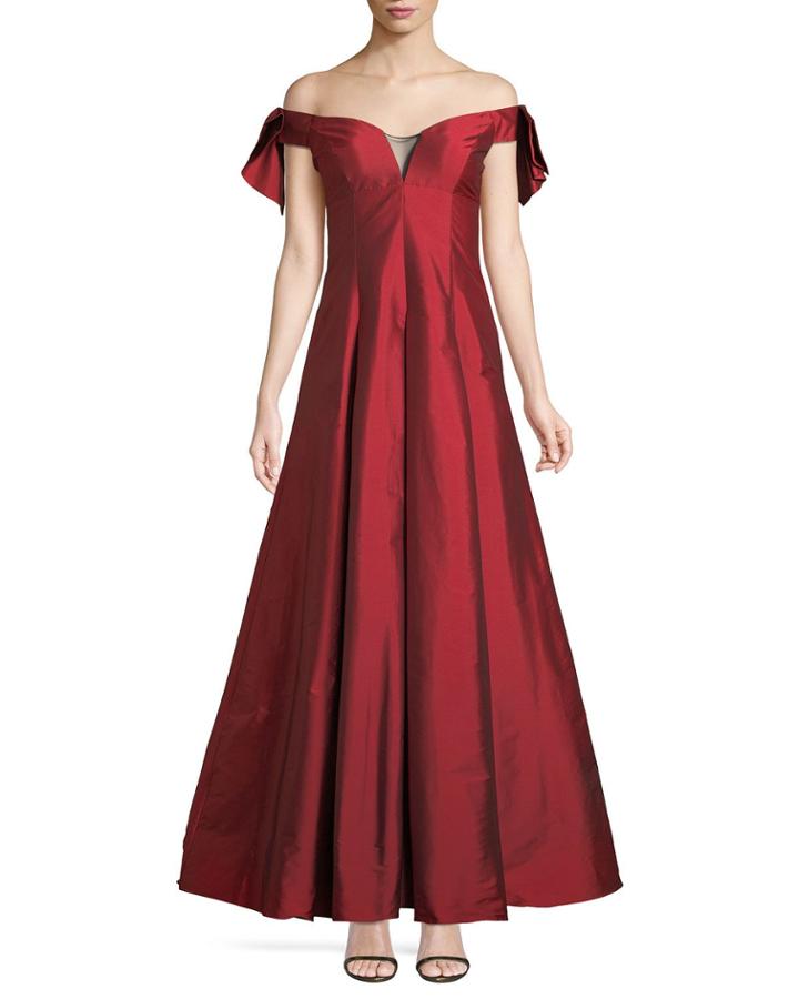 Bow-sleeve Taffeta A-line Gown
