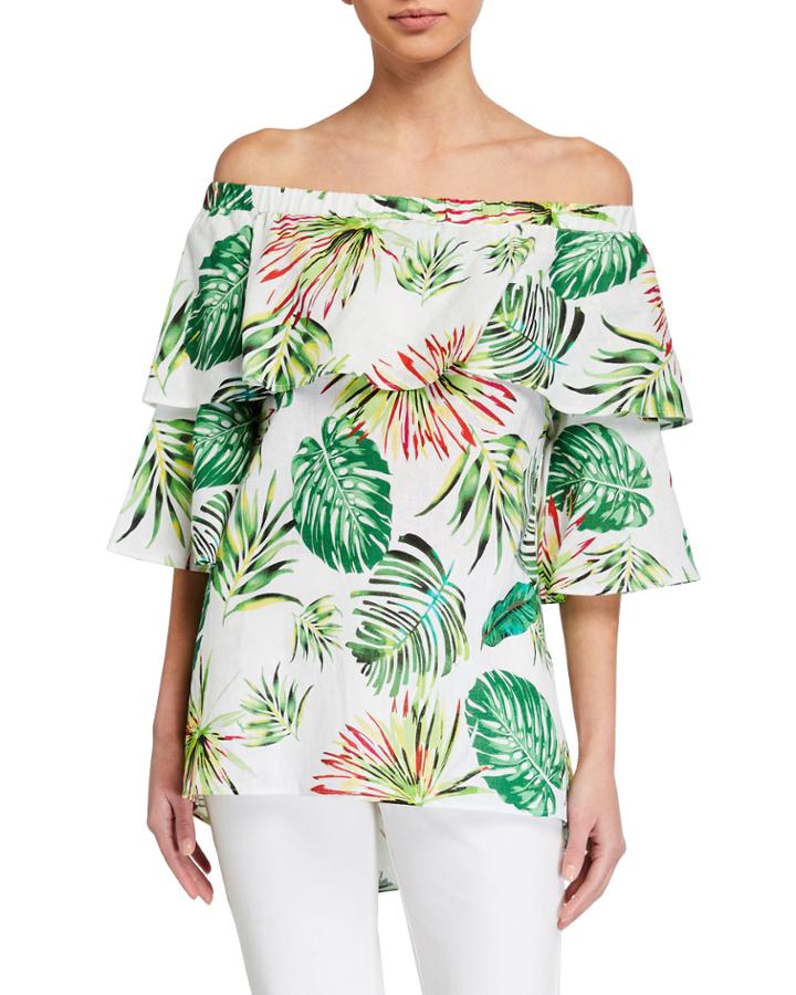 Tropical-print Ruffle Off-the-shoulder Top
