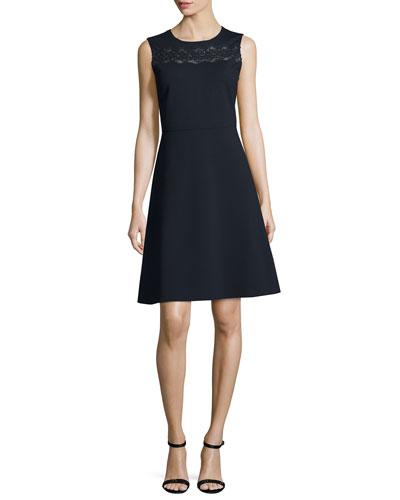 Fallon Sleeveless Lace-yoke A-line Dress, Blue