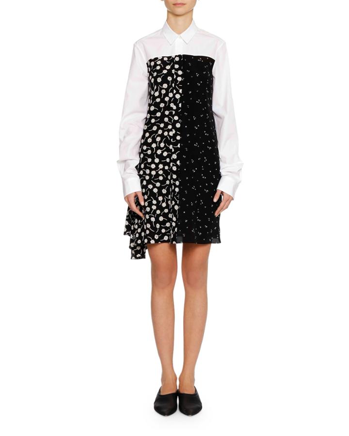 Long-sleeve Button-front Silk Shirtdress With Panel Print