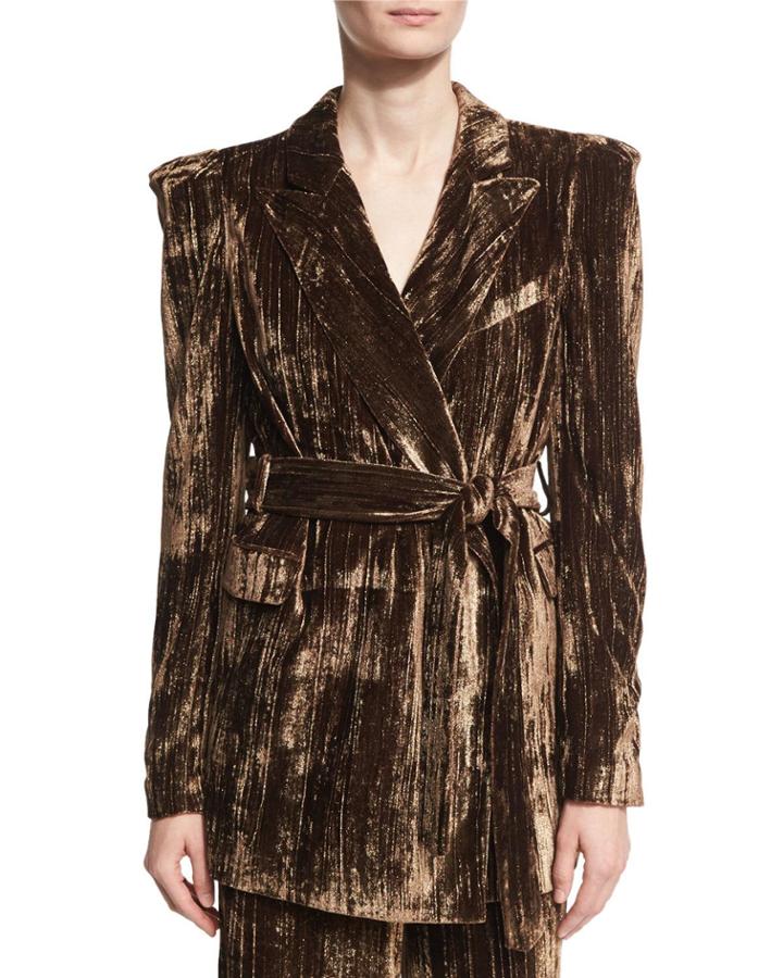 Long Metallic Crinkle-velvet Blazer, Brown