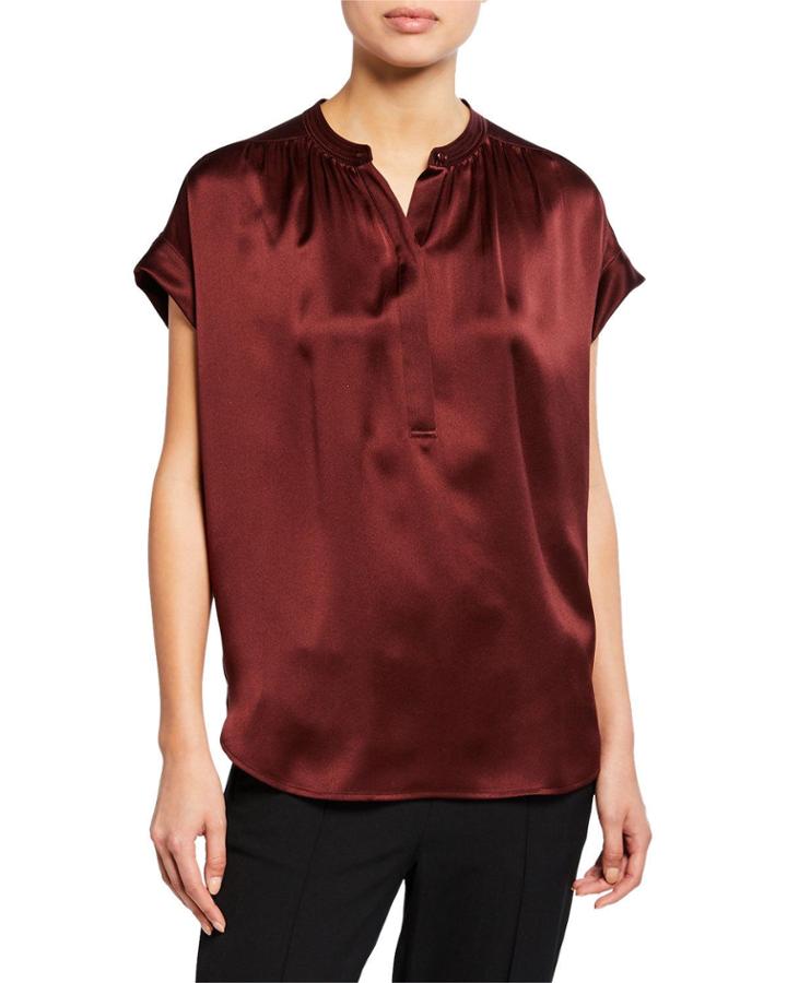 Silk Shirred-neck Cap-sleeve Blouse