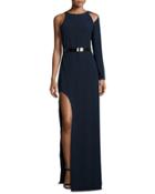 Asymmetric-sleeve Belted Column Gown, Navy