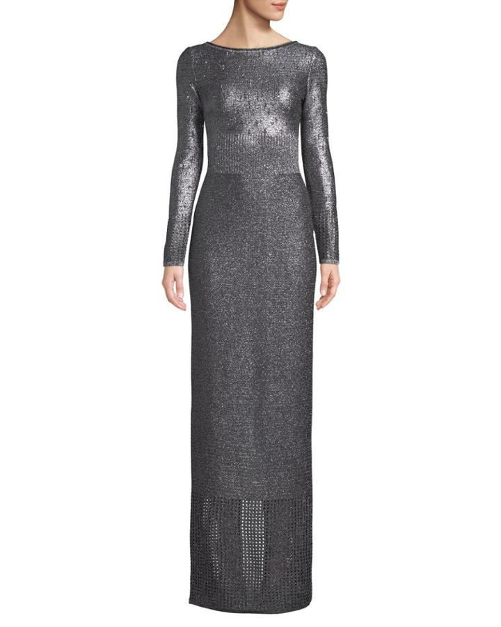 Boat-neck Long-sleeve Metallic-plaited Gown